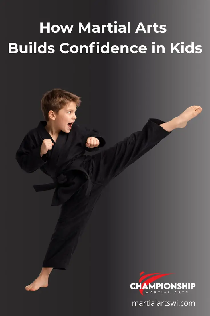 Child performing a high martial arts kick demonstrating confidence and focus. Championship Martial Arts Port Washington Wisconsin.